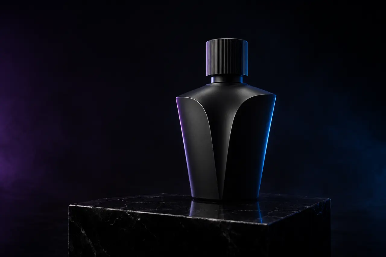Cinematic black perfume bottle lit with purple and blue light