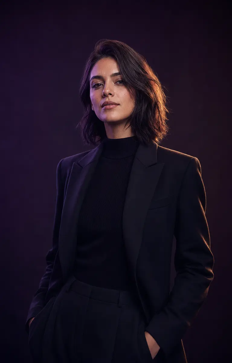 Editorial AI avatar portrait in a dark studio