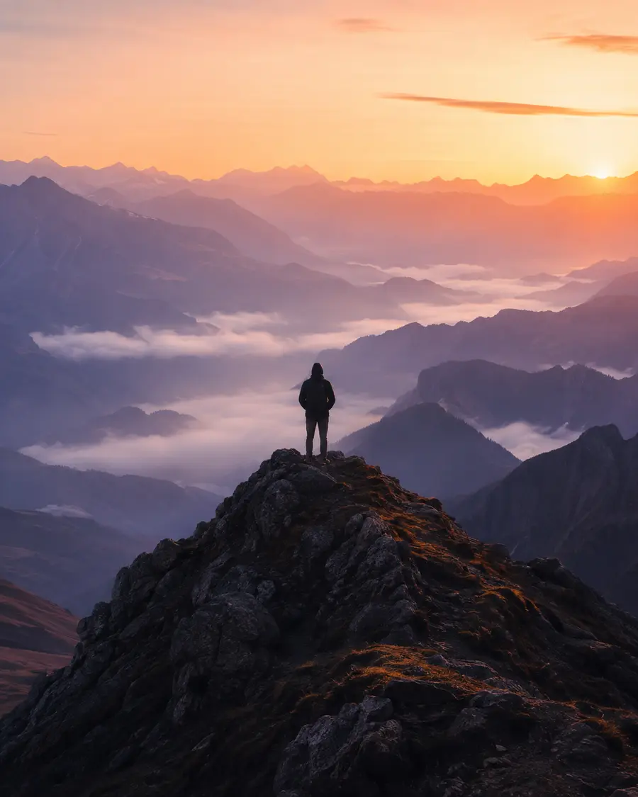 Cinematic traveler overlooking a mountain landscape at sunrise